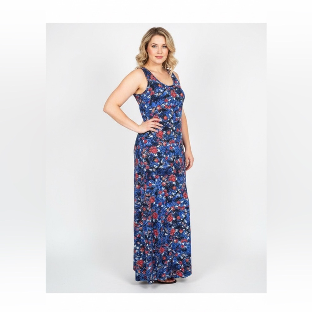 LuLaRoe Dani Floral Sleeveless Floor Length Column Maxi Dress Blue Red Sz MED